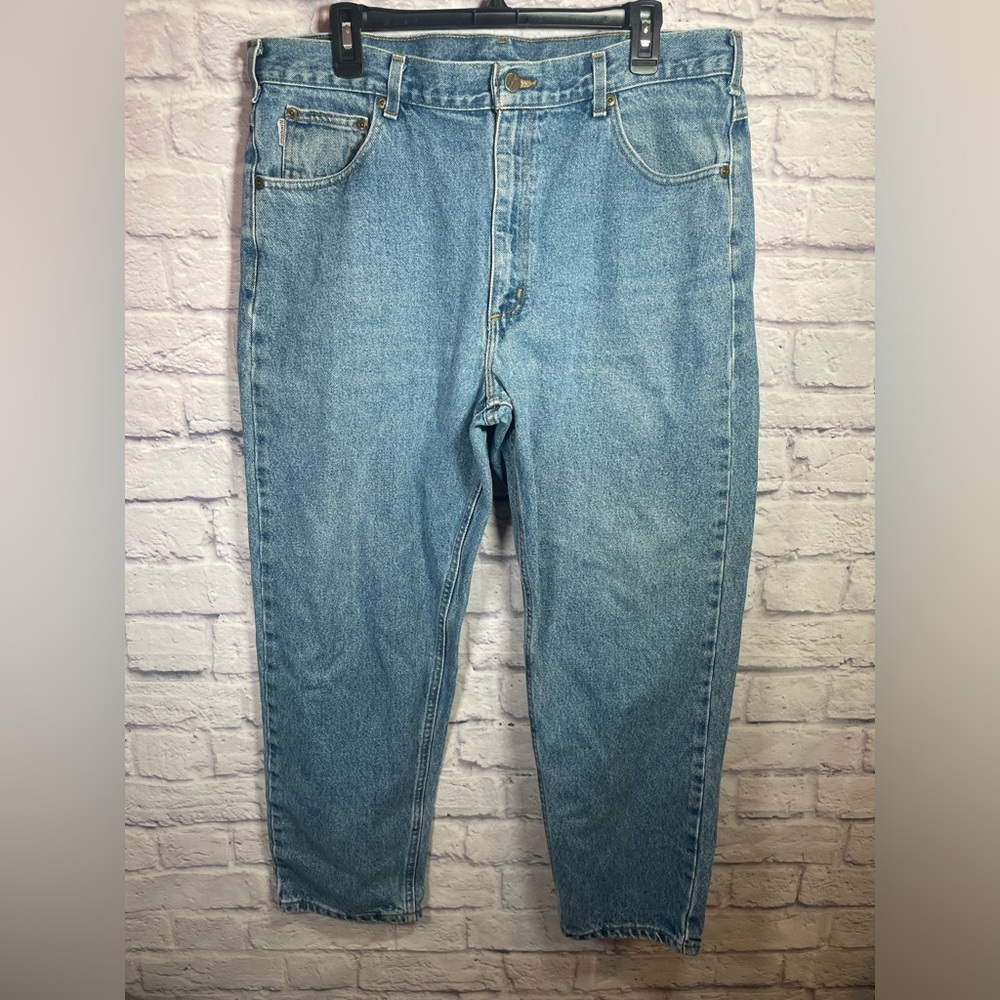 Vintage Carhartt Mens 38x30 Distressed Spell Out Box Logo Straight Leg Jeans